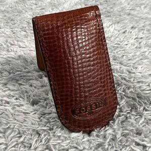 Fossil Genuine Leather Magnetic Money Clip Brown Pebbled Authentic EDC